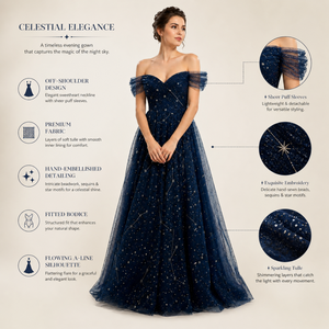 Robe de bal bleu marine luxueuse à épaules dénudées, robe de soirée en tulle ornée d'étoiles |   Tenues de soirée formelles pour femmes |   OEM Inde 2026 Pr - Product Image 2