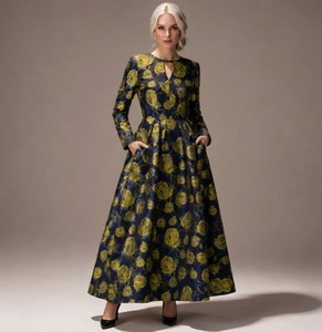 Support Custom <b>Vintage</b> Elegant Floral Print A-Line Maxi Dress with Full Sleeves O-Neck Satin Fabric <b>Ball</b> <b>Gown</b> Polyester - Product Image 2