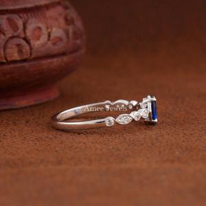 Bague en saphir bleu pour femme, bande de diamants taille marquise, style argent classique - Product Image 3