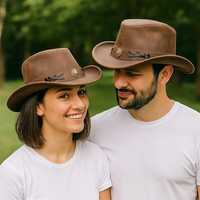 Topi Koboi Kulit Asli Coklat Buatan Tangan Gaya Western Outback, Laris Terjual