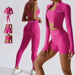 Ensemble de yoga 3 pièces OEM pour femme en Spandex/Polyester sans couture, motif uni, comprenant T-shirt, short cycliste, haut long et soutien-gorge de sport haute performance - Product Image 1