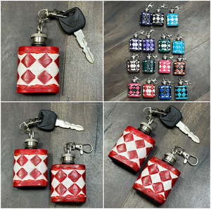 New 2026 Personalised Hand <b>Tooled</b> Genuine Cowhide Leather Mini Hip Flask Keychains OEM ODM Checkered Pattern With Metal Hook - Product Image 3