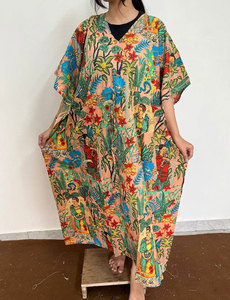 Caftán Largo de Algodón con Estampado Tropical, Estilo Boho, Cuello en V, Corte Holgado, Manga Corta, para Mujer, Informal, de Verano - Product Image 1