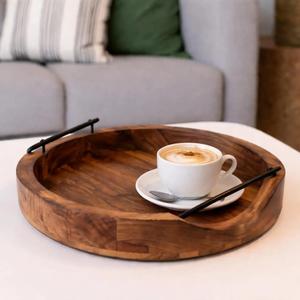 Bandeja Redonda Moderna de Nogal para Servir con Asas de Metal Negro, Decoración Minimalista para Mesa, Bandeja Redonda de Lujo para Mesa de Centro, Madera Maciza - Product Image 4