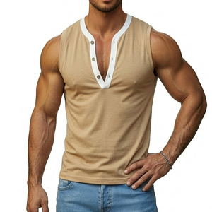 Camiseta sin mangas Henley para hombre de marca privada, chaleco de fitness, ropa moderna para el día a día, ropa elegante para el fin de semana, camiseta sin mangas de fábrica para hombre - Product Image 4