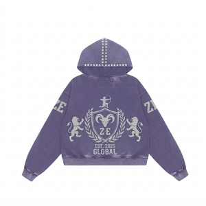 Sudadera con capucha de invierno de 420 GSM, de algodón y poliéster de alto gramaje, con lavado ácido, cremallera completa, bordado personalizado y logotipo de pedrería. - Product Image 2