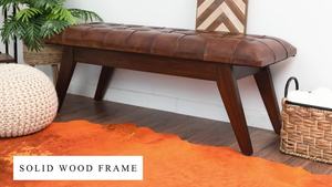 Banc d'entrée/chambre moderne en cuir marron et bois de teck de 49 pouces, banc rembourré en bois pour couloir, disponible en gros - Product Image 2