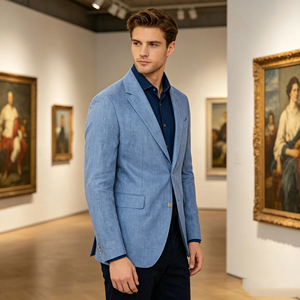 Blazer en lin et coton pour homme, col cranté, simple boutonnage, style italien, veste de costume tissée respirante, coupe classique - Product Image 4