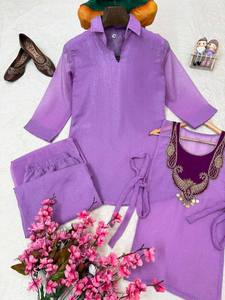 Purple Embroidered <b>Kurta</b> Set With Wide Leg Pants For <b>Women</b> - Product Image 5