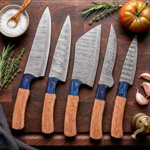 Damascus Steel <b>Knife</b> <b>Set</b> 5-Piece Wood Handle Chef <b>Knives</b> Polished Blade Straight Edge Ambidextrous Kitchen Cutlery - Product Image 2