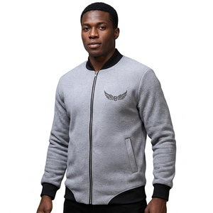Men's Gray <b>Jacket</b> <b>With</b> Black Trim Embroidered Wings Logo Zipper Front Casual Fleece Outerwear Autumn Wear - Product Image 3