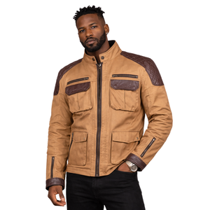 เสื้อแจ็คเก็ตมอเตอร์ไซค์ผู้ชาย สีแทน แบบซิป แจ็คเก็ตนักขี่มอเตอร์ไซค์ คอตั้ง บุผ้าควิลท์ที่ไหล่ มีกระเป๋าหลายช่อง เสื้อคลุมมอเตอร์ไซค์ - Product Image 1