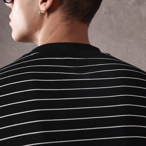 Men's Black Striped O-Neck Long Sleeve Knitted T-Shirt Casual Style Plain Cotton Boxy Fit <b>Stripped</b> T Shirts - Product Image 4