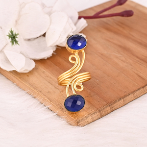 Ink Blue Brass Two Gemstone Fashion <b>Ring</b> for Women Gold Plated Stylish Oval Shape Accessory - Product Image 2