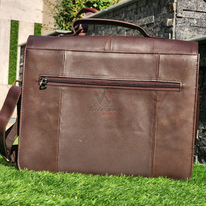 <b>Mens</b> Front Flap Genuine <b>Leather</b> <b>Satchel</b> Classic Brown Modern Style Business Laptop Bag Zipper Closure Waterproof Large Bag - Product Image 3