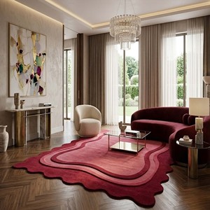 Alfombra de Lujo Roja Irregular, Alfombra Moderna de Lana Hecha a Mano, Alfombra Ondulada, Alfombra Suave y Afelpada para Sala de Estar, Dormitorio, Decoración Contemporánea - Product Image 1