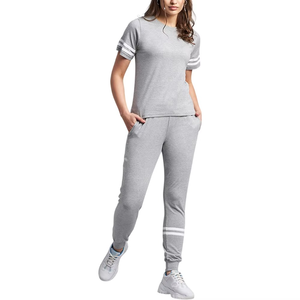 Women's Gray <b>Tracksuit</b> Set Short Sleeve Top With Stripes Jogger Pants Breathable Casual Wear Crew Neck Elastic Waist S-XXL - Product Image 1