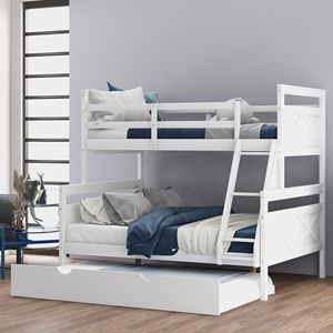 Letto a castello bianco singolo su matrimoniale con scaletta e letto estraibile singolo per bambini con sponda di sicurezza - Product Image 1
