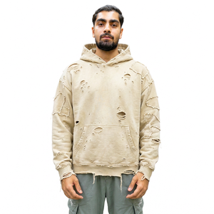 Sudadera con Capucha Extra Grande para Hombre, Beige, Algodón, Felpa Francesa, Diseño de Bolsillo Desgarrado, Colores Personalizados, Ropa de Invierno Ecológica - Product Image 1