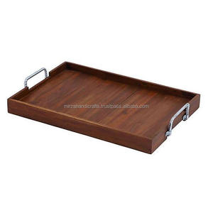 Plateau de service rectangulaire en bois massif, pour aliments, le café, avec poignée en métal pour la décoration - Product Image 1
