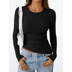 Queen Womens 2025 2025 otoño moda manga larga asimétrica fruncido Slim Fit camisetas bordado Logo/patrón Sexy lindo Y2K Tops - Product Image 4