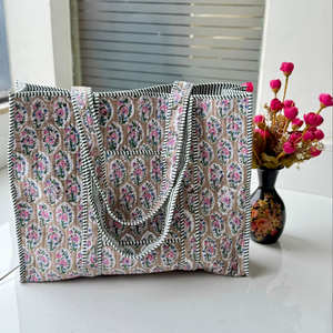 กระเป๋าโท้ทลายดอกไม้สไตล์วินเทจ ทำมือจากผ้าฝ้ายอินเดีย พิมพ์ลายด้วยมือ  สำหรับฤดูใบไม้ผลิ/ฤดูหนาว ฤดูร้อน  สำหรับผู้หญิง  ปิดด้วยซิป - Product Image 1