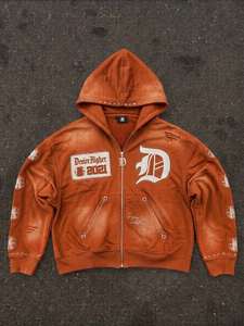 Sudadera con capucha retro desgastada con cremallera para hombre, estilo oversize, lavada, streetwear, diseño gráfico patchwork, venta al por mayor personalizada - Product Image 3
