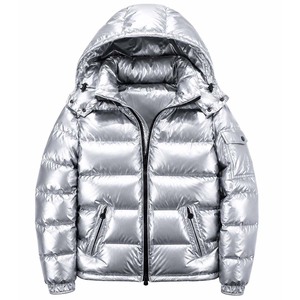 Chaqueta Acolchada Plateada con Capucha para Hombre, Invierno, Casual, Impermeable, Transpirable, Resistente al Viento, Tela de PU, Poliéster/Nailon, Cierre de Cremallera, Corte Regular - Product Image 1