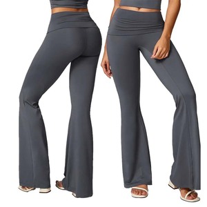 High Waist <b>Flared</b> Leg <b>Yoga</b> <b>Leggings</b> Full Length Solid Black Seamless Four-Way Stretch Women's Workout Pants - Product Image 6
