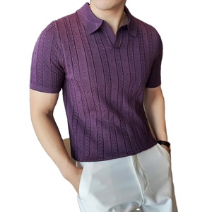 POLO con cuello en V para hombre, novedad de verano 2024, Camiseta de punto de manga corta informal de Color sólido Jacquard a rayas huecas, ropa para hombre - Product Image 2