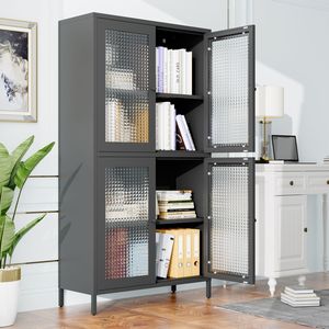 Libreria Classica in Metallo con 4 Ante in Vetro e 4 Ripiani, Vetrina Espositiva per Casa, Ufficio, Soggiorno - Product Image 2