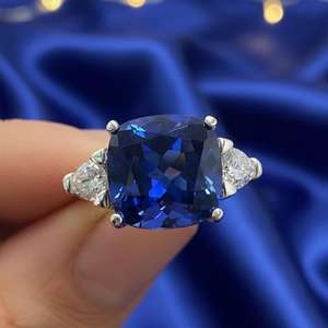 Bague saphir bleu taille coussin en argent sterling 925 plaqué or blanc 14 carats, bijou de luxe fait main, cadeau pour elle - Product Image 1
