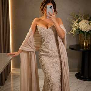 <b>Pearl</b> Embellished Mermaid Floor-Length Beaded Satin Evening Gown Draped Cape Shoulder Formal Prom <b>Dress</b> Elegant Red Carpet Party - Product Image 1