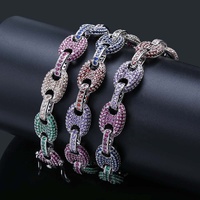 Collier Hip Hop 12 mm en zircon coloré, chaîne en forme de grain de café, laiton rhodié plaqué or, zircon, bouton hipster, pour homme et femme, cadeau