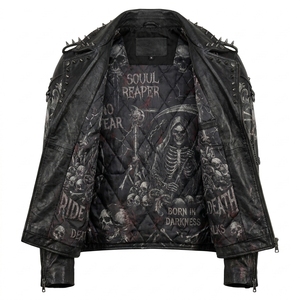 <b>Mens</b> Grim <b>Reaper</b> Skull Graphic Distressed Leather Jacket Heavy Metal Punk Spiked Chains Biker Coat Custom Wholesale - Product Image 5