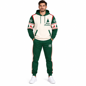Custom Logo <b>Men</b> Christmas Tracksuit Fleece Hooded Pullover Jogger Set Solid Colour Custom <b>Men's</b> Winter Holiday <b>Sweat</b> <b>suit</b> - Product Image 1