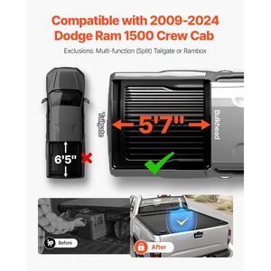 Copertura Tonneau Retrattile Rigida per Dodge Ram 1500 Crew 2009-2024, 5.7 ft, con Tubo di Drenaggio Integrato - Product Image 2