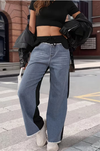 TRIBON SPORTS Jeans de mezclilla de mujer de talle alto, pierna recta, lavado a la piedra, con rayas laterales en contraste, corte regular, longitud completa, casual - Product Image 4
