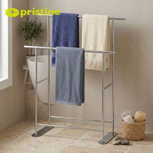 Freestanding Chrome Towel <b>Rack</b> Double Layer Steel Bathroom Towel Holder Minimalist Design 2 Bars - Product Image 4