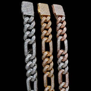 High Demand Trendy Design Baguette Cubic Zirconia Diamond Two Tone Full Iced Cuban Link Hip Hop 18K <b>Solid</b> Gold Unisex Chain - Product Image 2