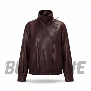 Men's Brown PU <b>Leather</b> Moto <b>Jacket</b> Stand Collar Single Button Closure Regular Fit Autumn Wear - Product Image 2