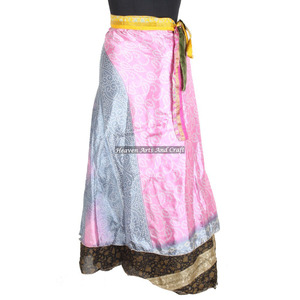 New Latest Design Wrap Around <b>Skirts</b> Women Wear Vintage Silk Sari <b>Long</b> Length Wrap Around <b>Skirt</b> 2 Layer Reversible Cover up Wear - Product Image 6