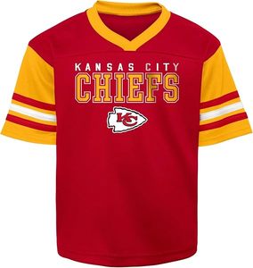 Camiseta de Fútbol Americano Juvenil de los Kansas City Chiefs, Franjas Rojas y Amarillas, Ropa Deportiva de Poliéster Resistente, Estilo Pull-On - Product Image 1