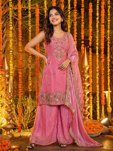 Ensemble Kurta Palazzo brodé bleu ciel de créateur avec dupatta en organza pour femme – Tenue ethnique haut de gamme pour fêtes et événements - Product Image 2
