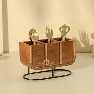 ที่ใส่ช้อนส้อมไม้กระถินณรงค์พรีเมียมพร้อมขาตั้งเหล็ก กล่องจัดระเบียบอุปกรณ์ครัวไม้ 3 ช่อง สำหรับห้องครัว ร้านอาหาร และขายส่ง - Product Image 1