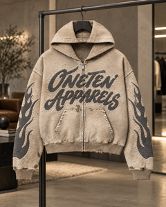 ONETEN APPARELS Sudadera con capucha extragrande para hombre, con cremallera, 100% algodón, diseño de aplique de llama, color beige, estilo urbano de invierno - Product Image 6