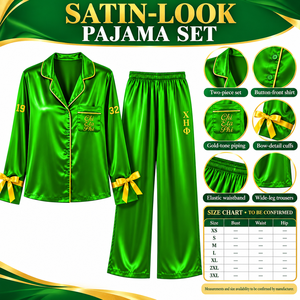 Ensemble de pyjama en satin pour femmes Chi Eta Phi, manches longues, boutonné, brodé, deux pièces, vert avec bordure jaune, ensemble de détente - Product Image 6