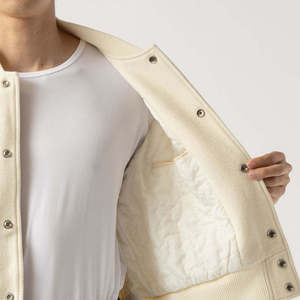 Custom OEM Off-White Tone-on-Tone Patchwork Cropped Varsity <b>Jacket</b> Heavyweight Wool Blend Men Streetwear <b>Letterman</b> <b>Jacket</b> - Product Image 4