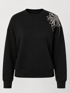 Womens Black <b>Rhinestone</b> Corner Sweatshirt Crystal Embellished Crew Neck Long Sleeve Casual Fashion Pullover <b>Top</b> - Product Image 5