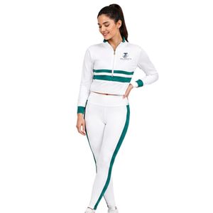Women’s White and <b>Green</b> Zip Up Track Jacket and Leggings Matching Activewear <b>Set</b> for <b>Gym</b> Fitness Training - Product Image 2
